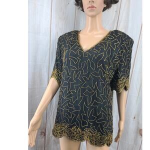 JMD New York Vintage Women 1X Black & Gold Beaded Silk Cocktail Top Blouse